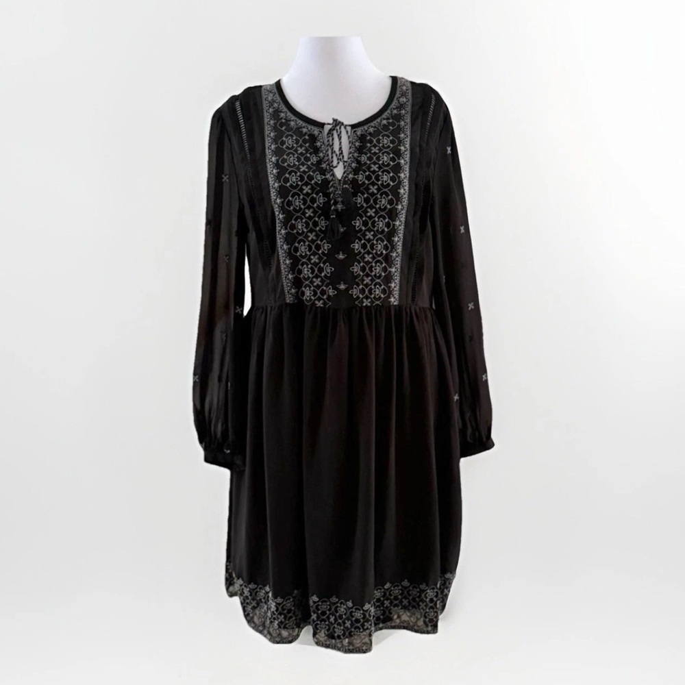 Time‎ and Tru Whimsigoth Boho Dress Shift Underdress Size M Black With Florals M